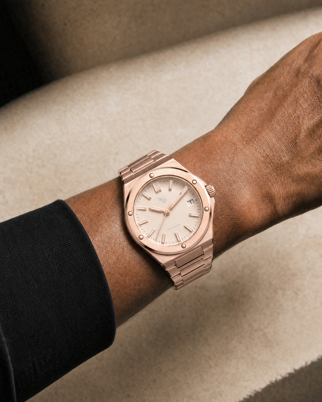 Facet 01 — Rose / Blush watch shown on wrist.