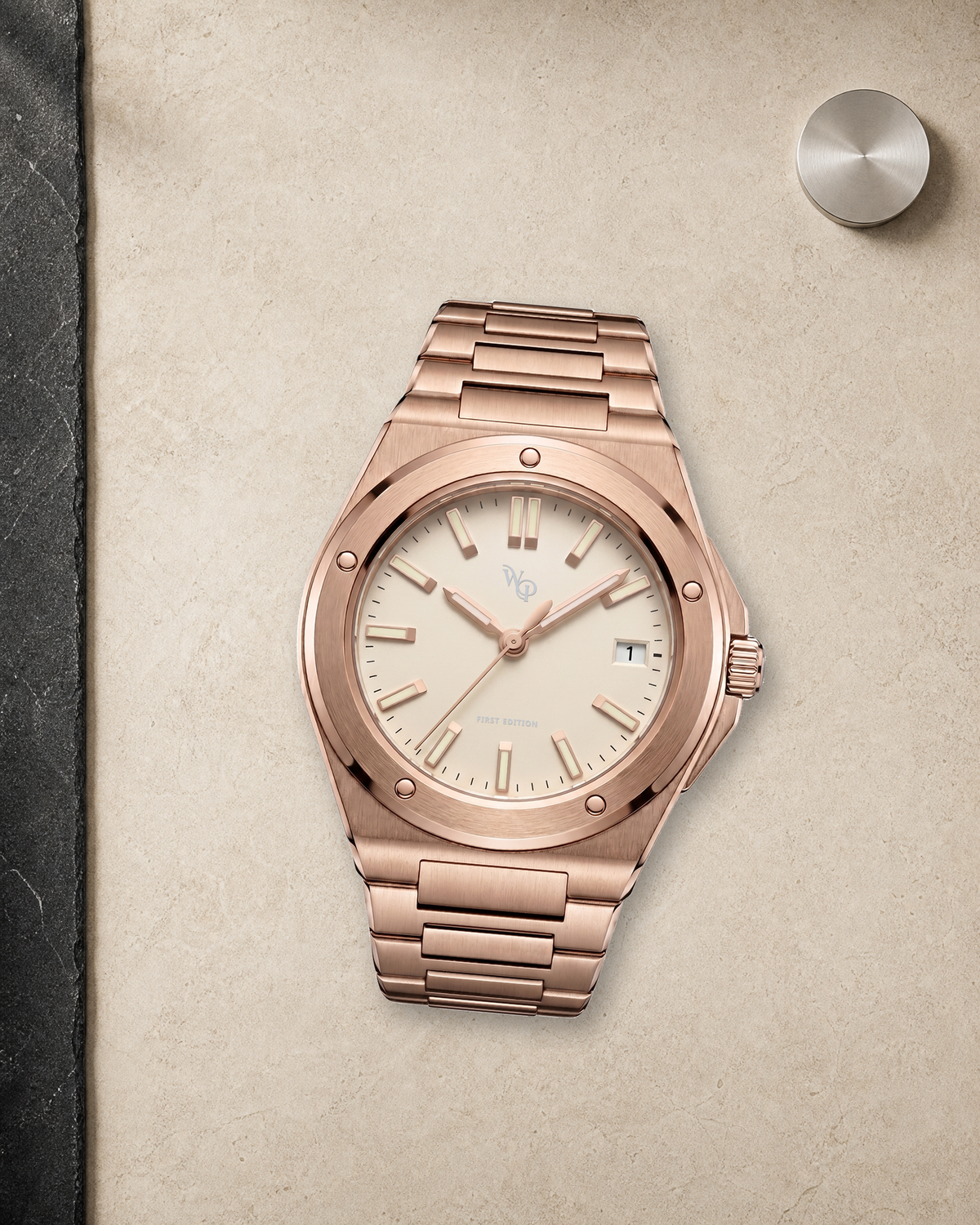 Facet 01 — Rose / Blush watch in context.