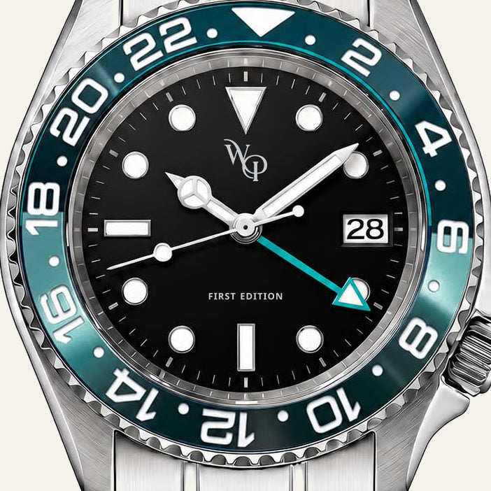 Meridian 04 — Steel / Teal. Dial detail.