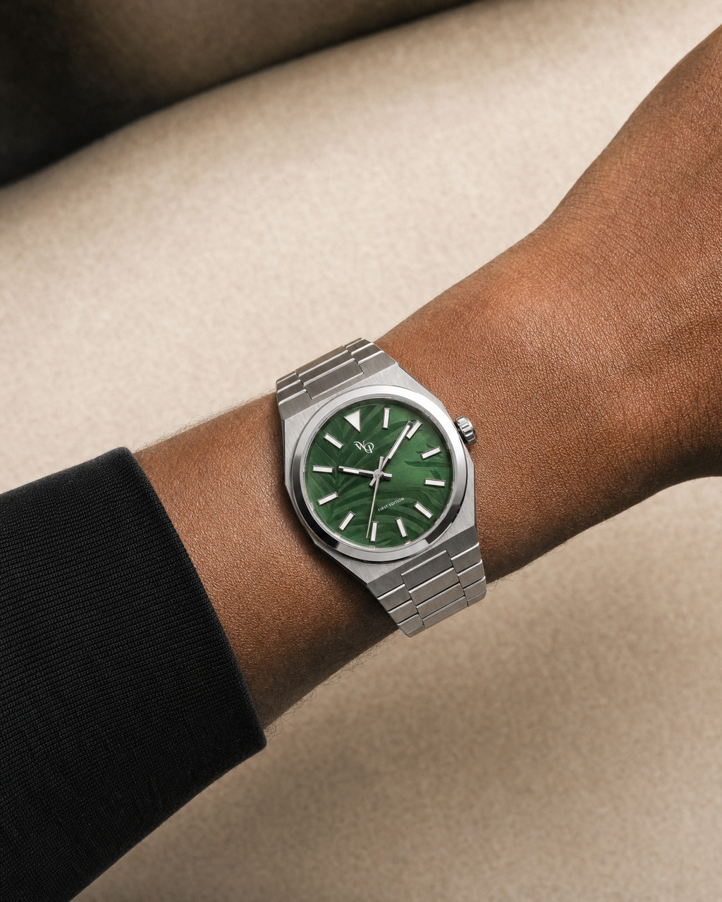 Vale 03 — Steel / Forest Relief watch shown on wrist.