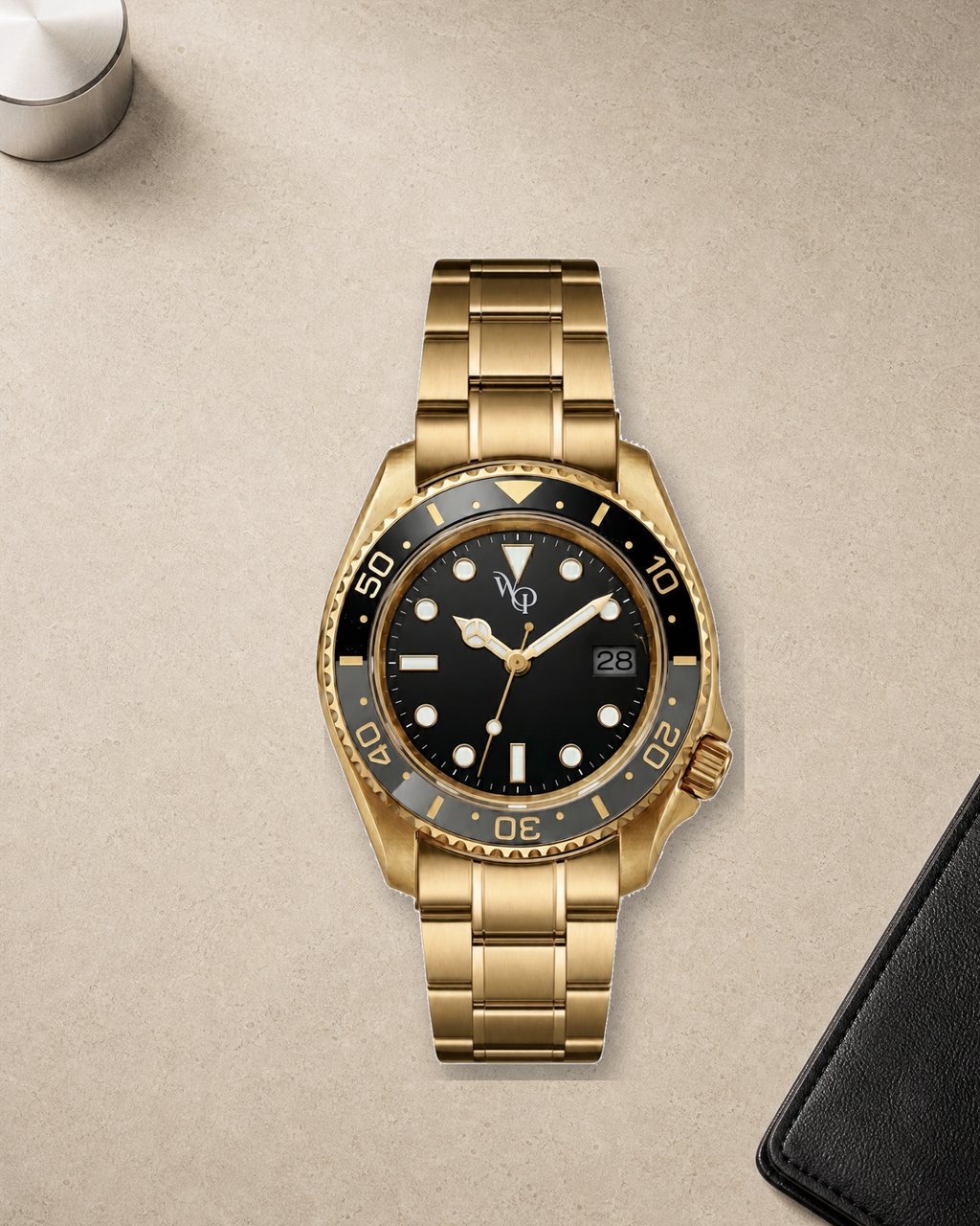 Meridian 05 — Gold / Black watch in context.