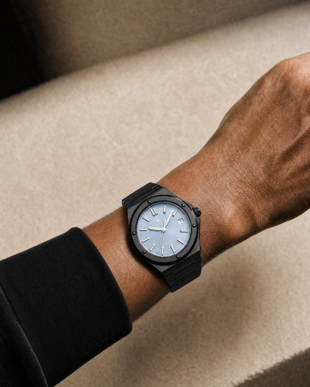 Facet 01 — Onyx / Ice. AI-assisted on-wrist study.