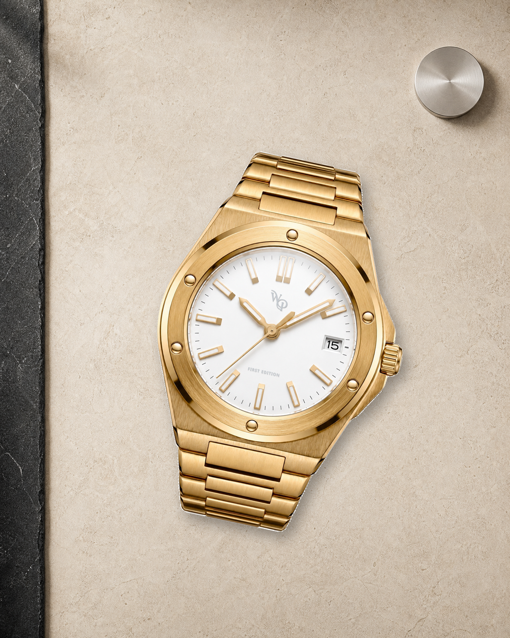 Facet 01 — Gold / Ivory watch in context.