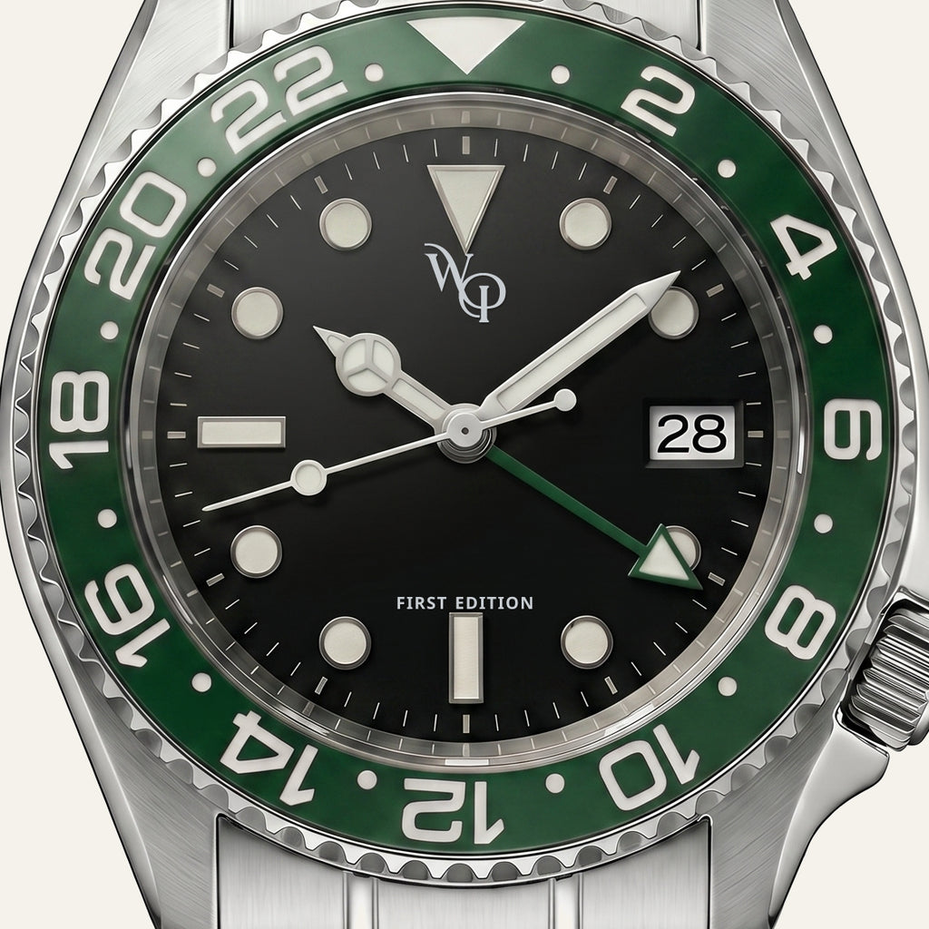 Meridian 04 — Steel / Green. Dial detail.