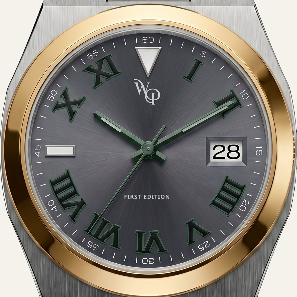 Atria 02 — Steel / Graphite / Gold / Green. Dial detail.