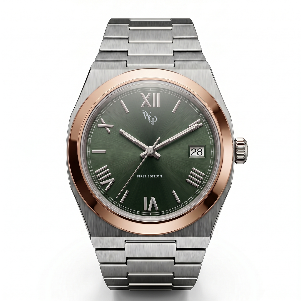 Atria 02 — Rose / Green Radial watch.