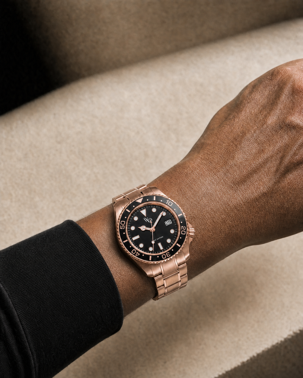 Meridian 05 — Rose / Black watch shown on wrist.
