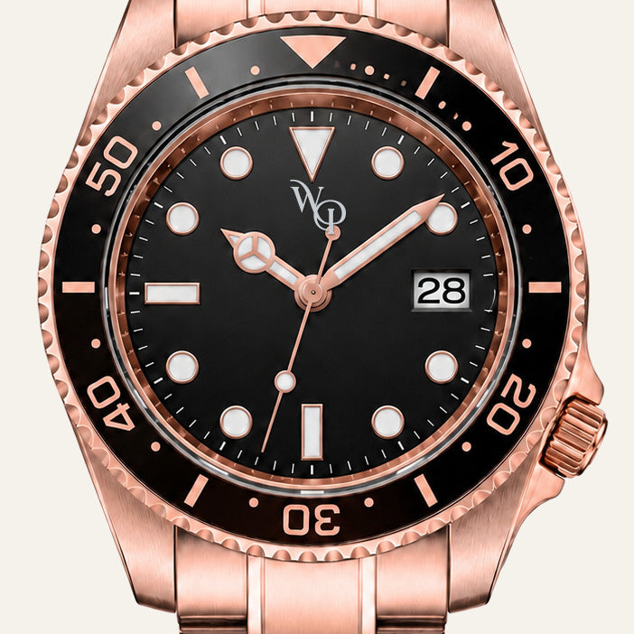 Meridian 05 — Rose / Black. Dial detail.