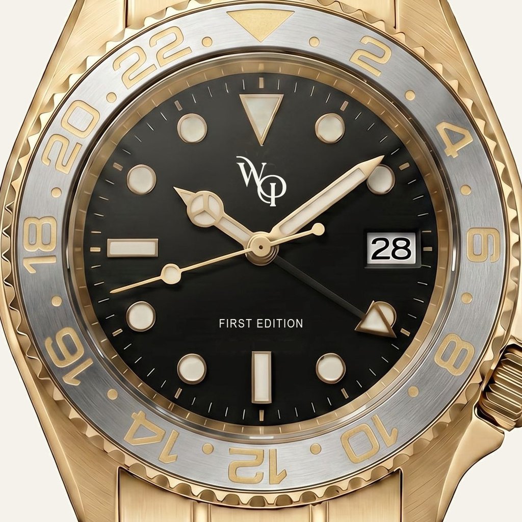 Meridian 04 — Gold / Black. Dial detail.