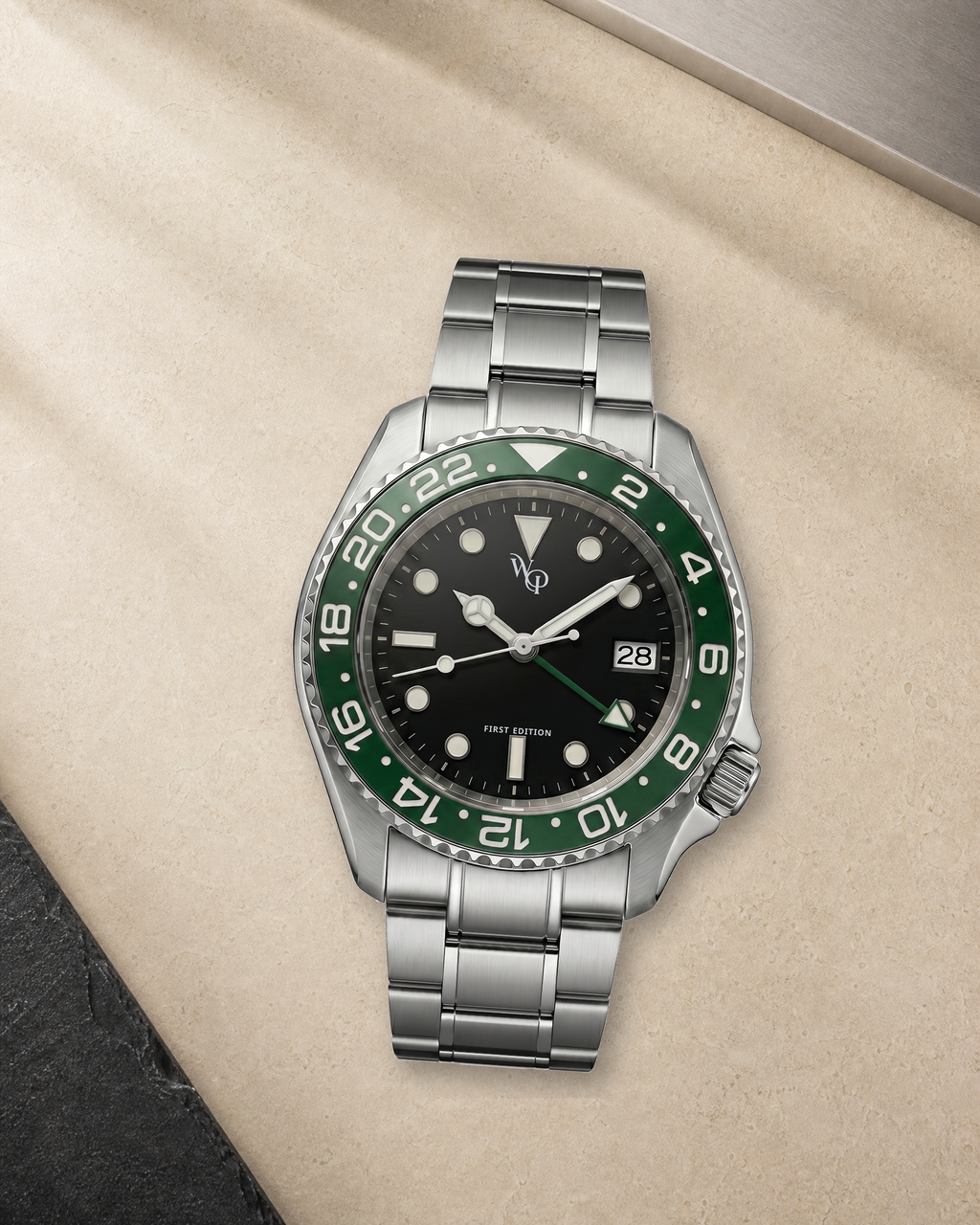 Meridian 04 — Steel / Green watch in context.