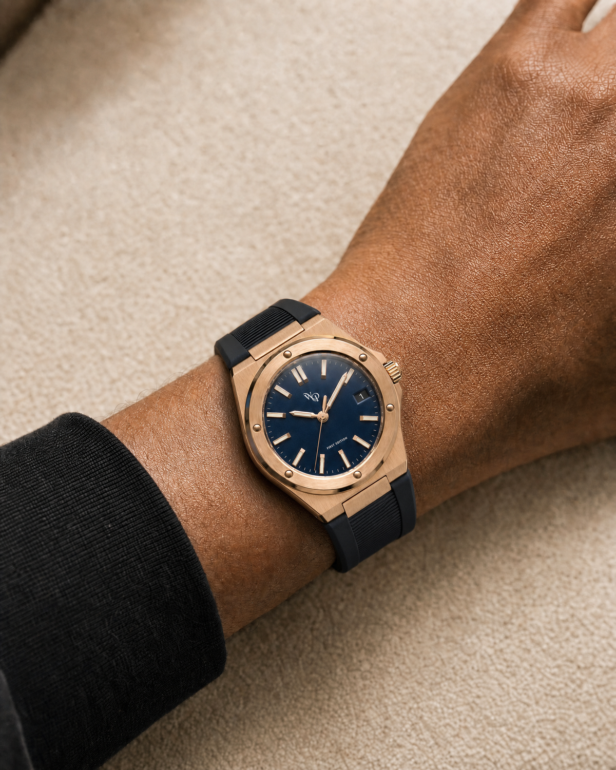 Facet 01 — Rose / Midnight watch shown on wrist.