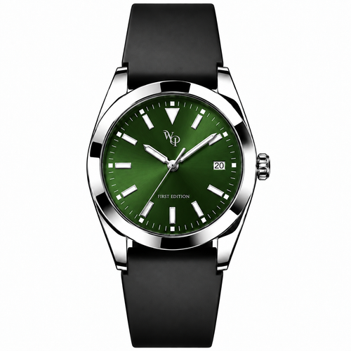 WP-DRAFT-1601 only — green round-date watch with smooth black strap; branded front study. Silver WP and FIRST EDITION; production proof pending.