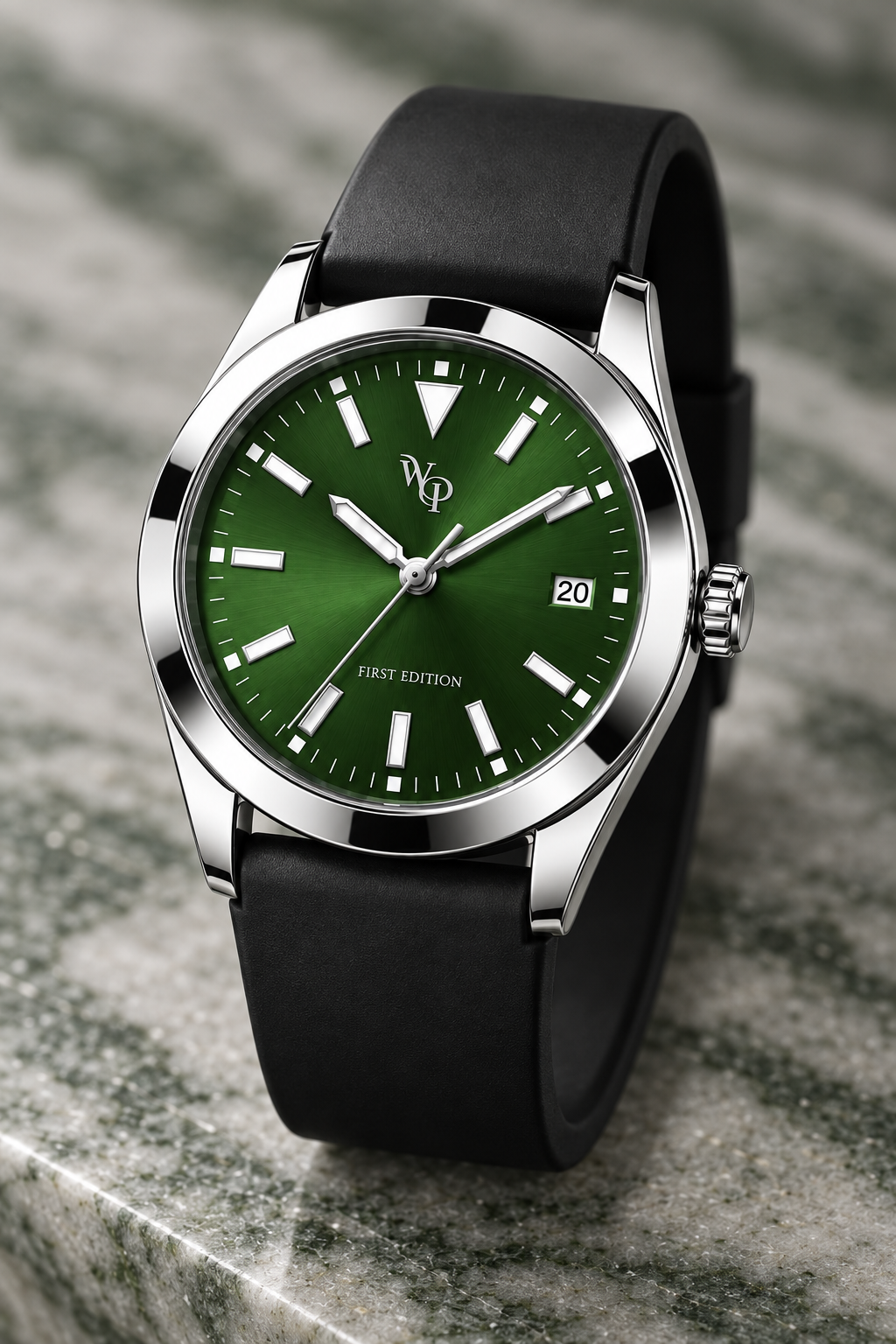 WP-DRAFT-1601 only — green round-date watch with smooth black strap; full oblique study. Silver WP and FIRST EDITION; production proof pending.