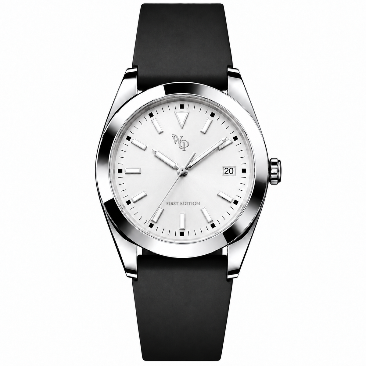 WP-DRAFT-1602 only — white round-date watch with smooth black strap; branded front study. Silver WP and FIRST EDITION; production proof pending.