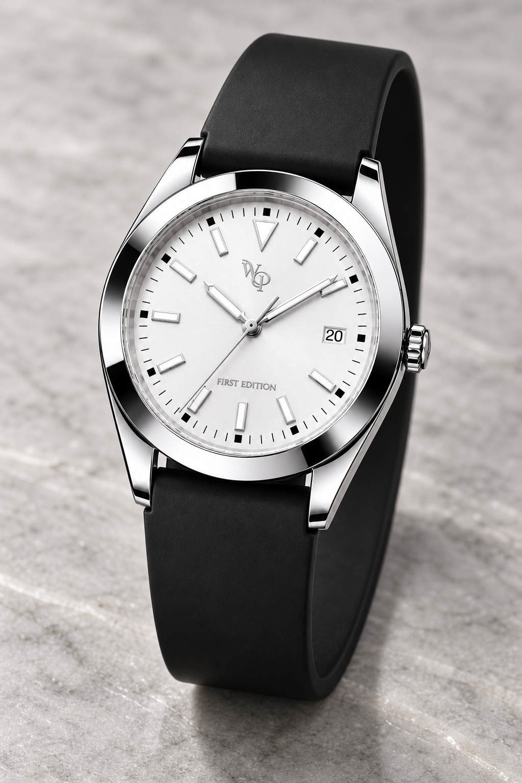 WP-DRAFT-1602 only — white round-date watch with smooth black strap; full oblique study. Silver WP and FIRST EDITION; production proof pending.