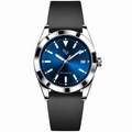 WP-DRAFT-1604 only — navy round-date watch with smooth black strap; branded front study. Silver WP and FIRST EDITION; production proof pending.