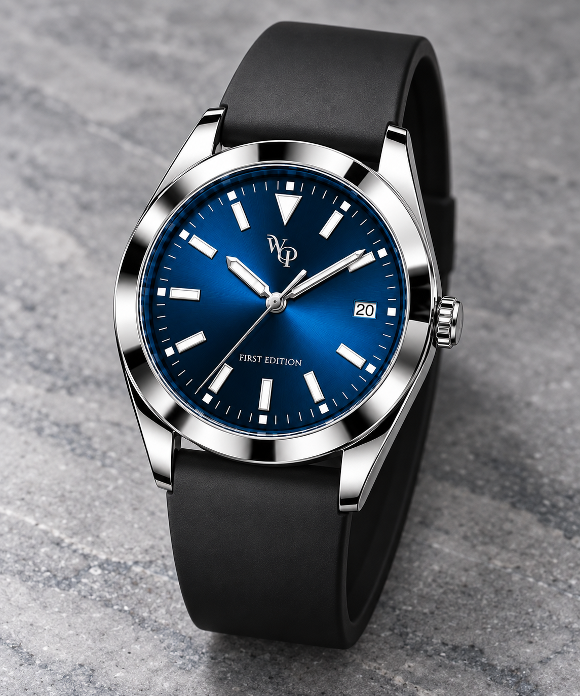 WP-DRAFT-1604 only — navy round-date watch with smooth black strap; full oblique study. Silver WP and FIRST EDITION; production proof pending.