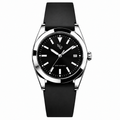 WP-DRAFT-1605 only — black round-date watch with smooth black strap; branded front study. Silver WP and FIRST EDITION; production proof pending.