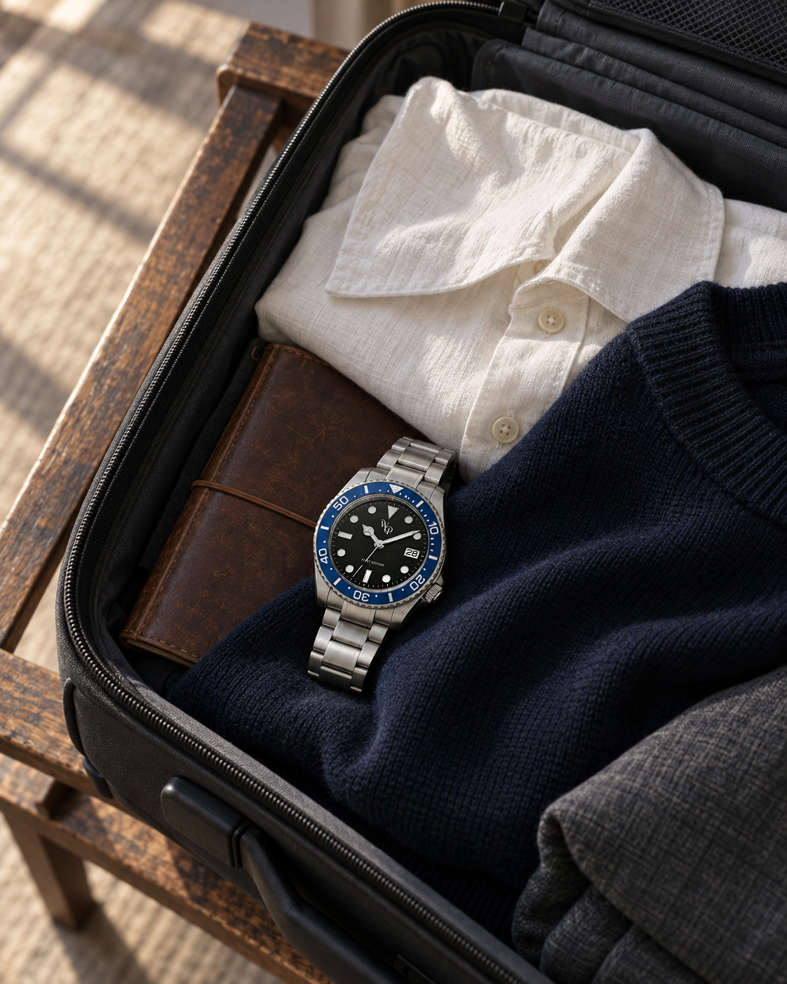 Meridian 05 Steel / Blue resting on a navy knit and an ivory shirt in an open suitcase