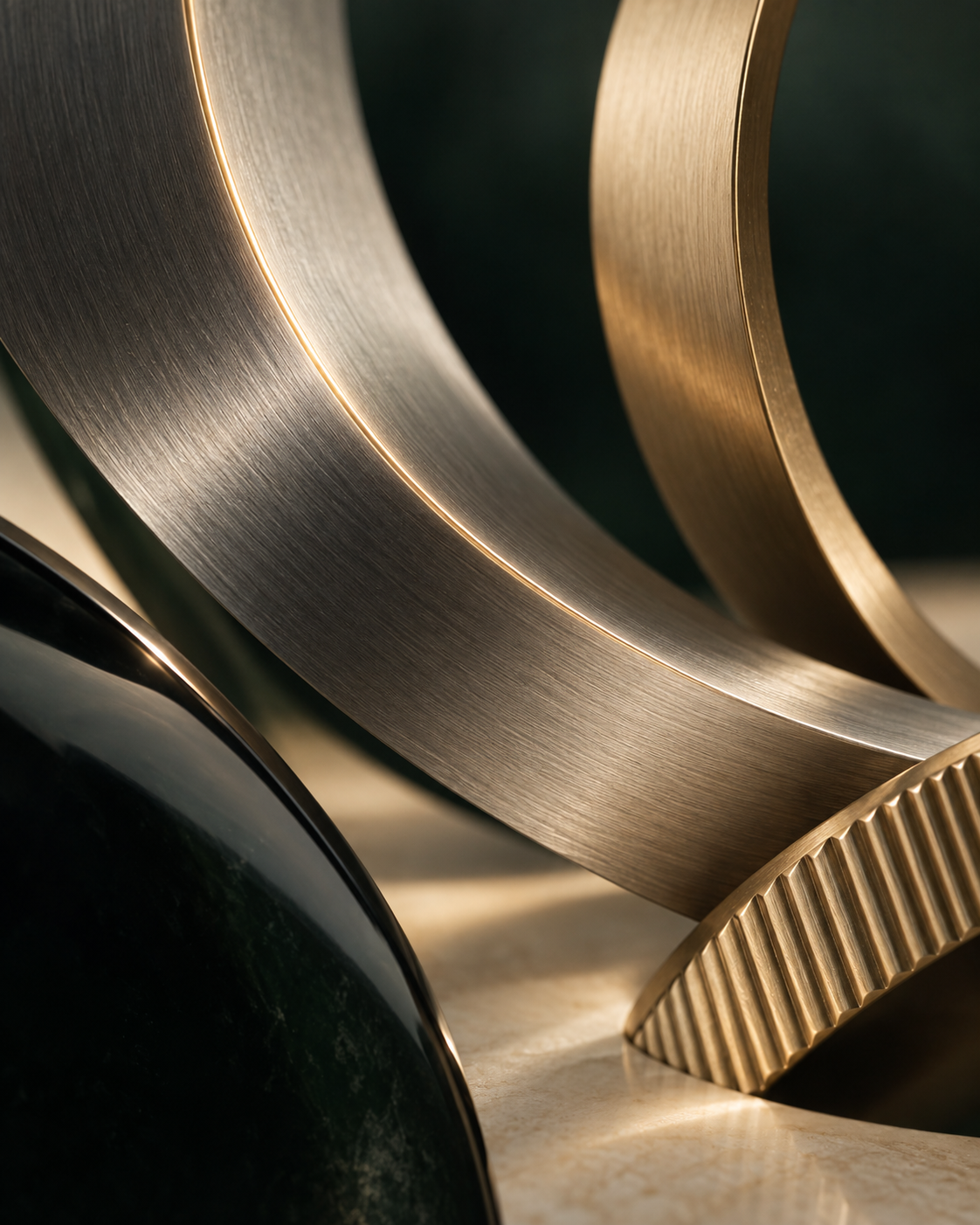 An abstract study of silver and champagne metal, curves and reflected light