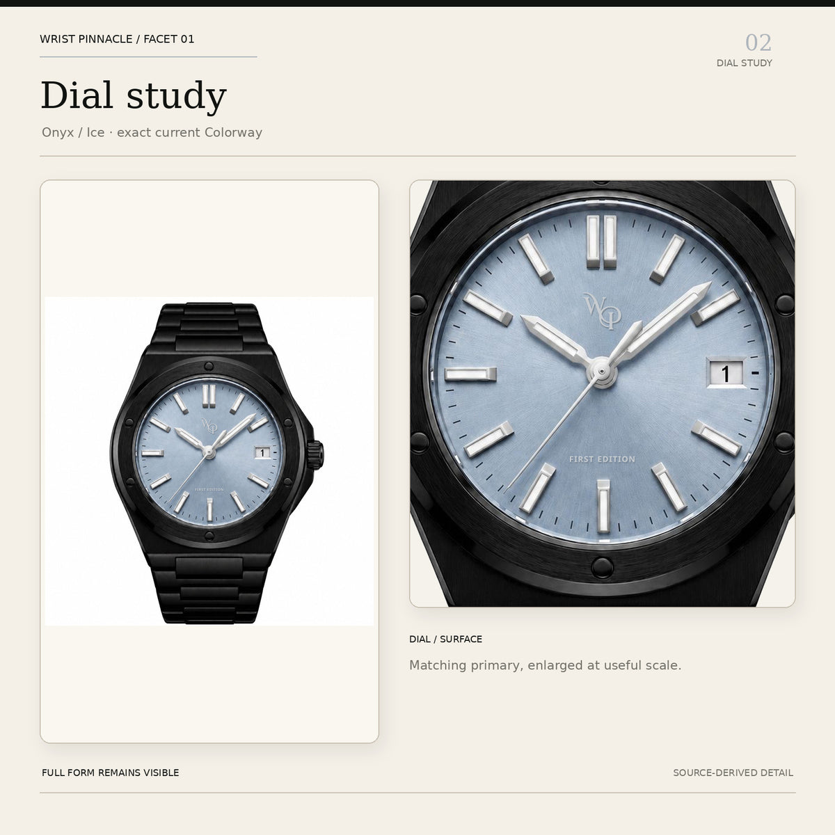 Facet 01 — Onyx / Ice. Dial study.